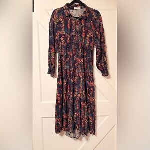 Natural Life Dress Floral Boho Tiered Midi/Maxi Dress Rayon Cottagecore Size L